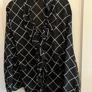 Jones New York Black and White Checkered Blouse Ruffles Y2K